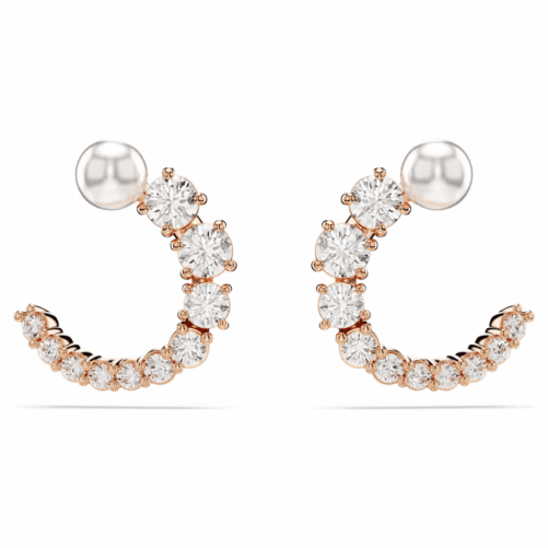 Matrix hoop earrings, Crystal pearl, Round cut, White, Rose gold-tone plated