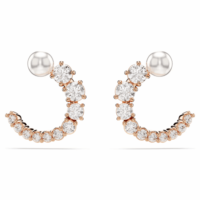 Matrix hoop earrings, Crystal pearl, Round cut, White, Rose gold-tone plated