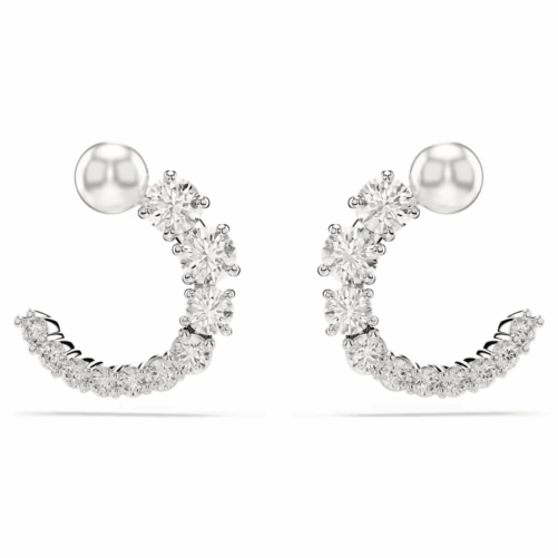 Matrix hoop earrings, Crystal pearl, Round cut, White, Rhodium plated