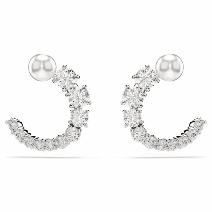 Matrix hoop earrings, Crystal pearl, Round cut, White, Rhodium plated