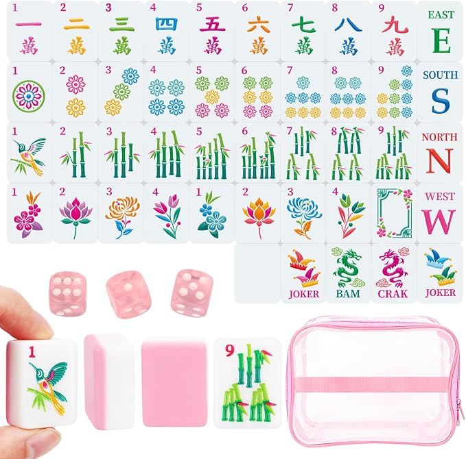 MAHJONG TILES HUMMINGBIRD W/ CLEAR BAG PINK BACKS BRIGHT MULTI