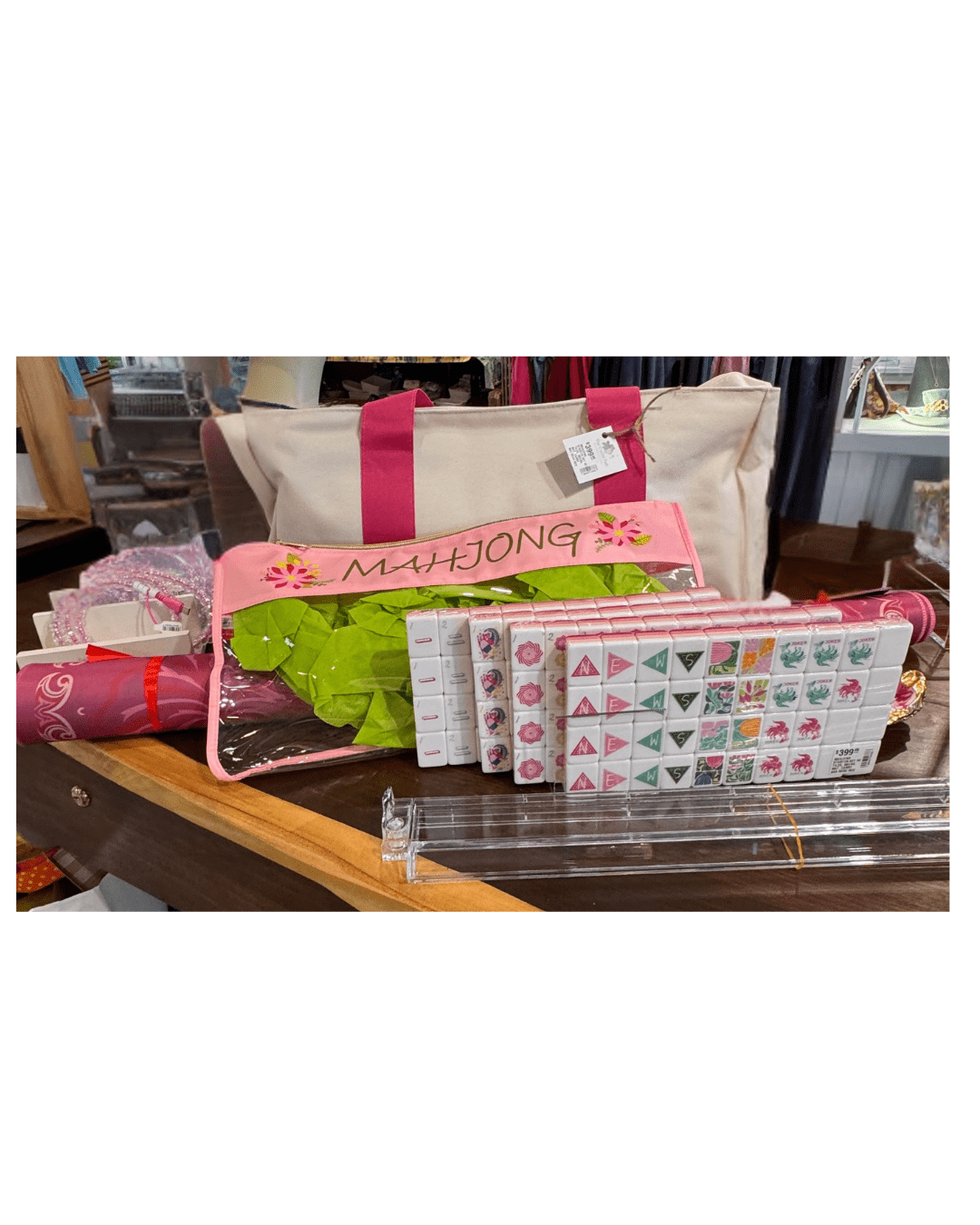 MAHJONG STARTER SET W/ TILES, RACKS, MAT, CARRY BAG ROSE RED